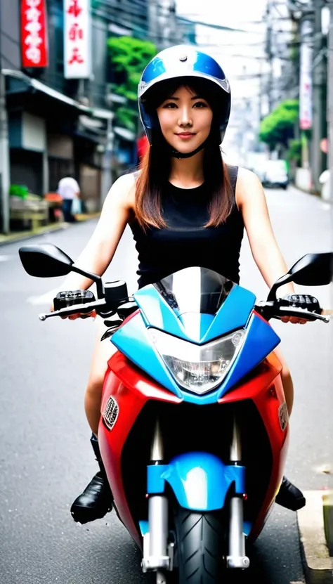 A 25 year old girl wearing a helmet, riding a 50cc motorcycle. She is riding on the streets of Japan.