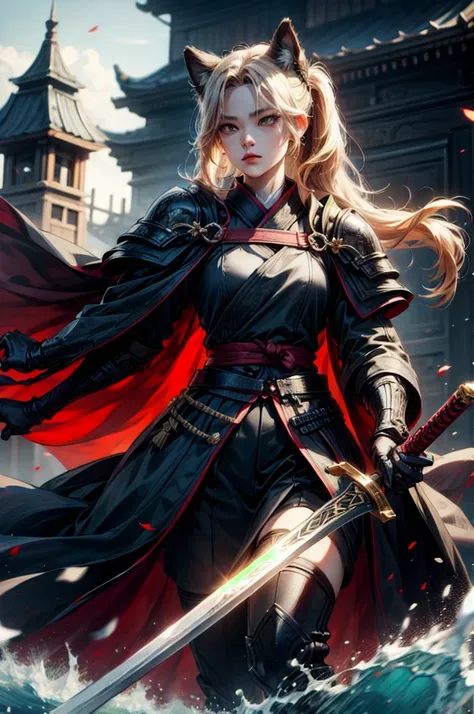 (absurdres, highres, ultra detailed), clean detailed anime art, perfect eyes, 1woman, blond hair, long hair, pony tail, yellow eyes, white skin, samurai, blood on clothes, katana, sheath, katana on sheath, after battle, day, battlefield