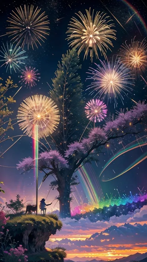 horse、horseたちに囲まれて、mysterious landscape、firework、firework大会、rainbow colorsのfireworkが打ちあがっている瞬間、夜nullとともに、草原な景色で壮大なfirework、futur...