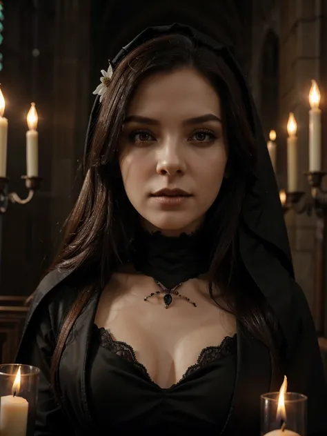 Beautiful gothic vampire, beautiful face. with sexy tunic. detail.  convent.  Candles everywhere. chandeliers.  cathedral glass windows. Dim candle lighting. Gothic style. 1:1 hyperrealistic,  cinematic,  4k  8k.  lotto flower. mystery.