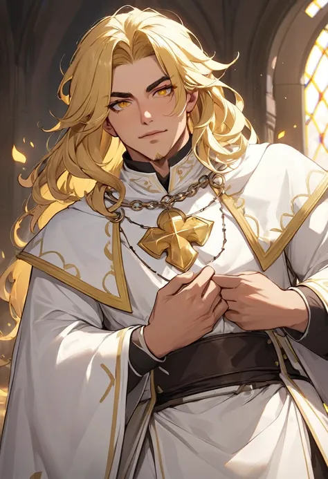 naughty man, cleric, Mediovale, wearing thick white clothes, blonde hair and bright golden eyes