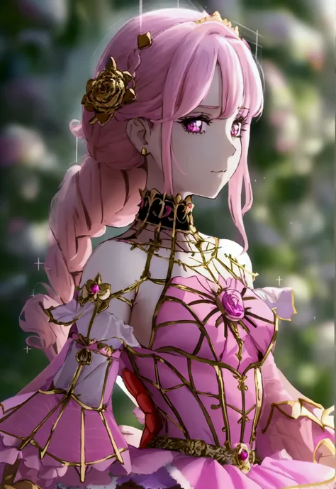 Create an anime-style girl with (((deep magenta eyes and long, wavy pink hair))) ((styled in an elegant frenchbraid)). (((She is slender, and  with small breasts))). ((Ensure a full-body shot of her)) wearing a (((magical girl-themed outfit.))) ((The outfi...