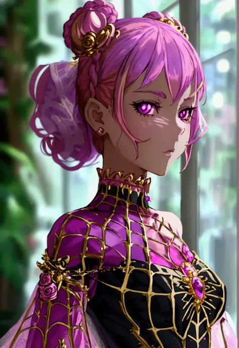 Create an anime-style girl with (((deep magenta eyes and long, wavy pink hair))) ((styled in an elegant frenchbraid)). (((She is slender, and  with small breasts))). ((Ensure a full-body shot of her)) wearing a (((magical girl-themed outfit.))) ((The outfi...