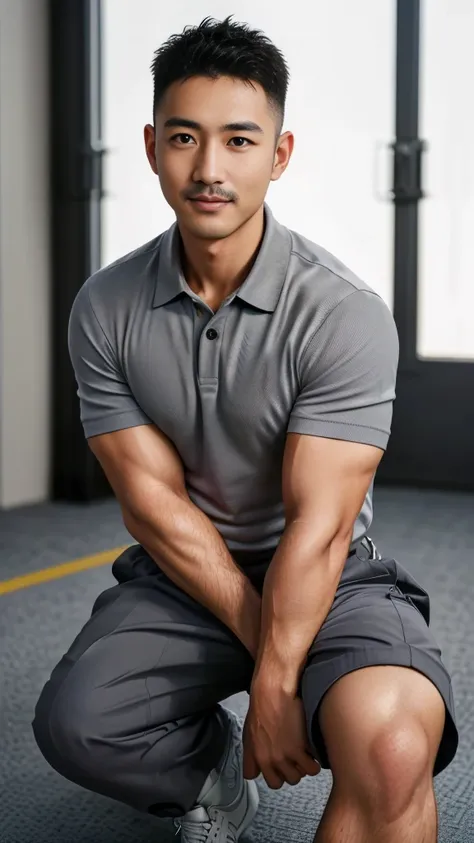 Masterpiece, best quality, high resolution, realistic, handsome, Take beautiful photos, A photo of a 35-year-old Gym Association member sitting on the floor. (The man has a thin mustache.) ,Full body, Portrait, standing on the football field, make military...