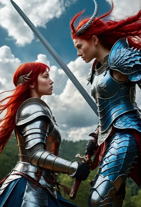 2 girls in armor with long sword, Blue and red hair fights demons with, Dragon wings disrupt clouds and forests, ultra HD, work of art, anatomically correcte, High details, super detaill, texturized skin, best qualityer, 8k