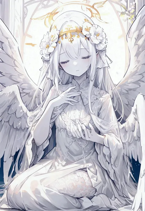 1 angel girl, white long lace dress, wings covering eyes, wings on the eyes, wings on the head, wings on the back, seraphim, halo, white eyes, closed eyes, white long hair, pale skin, white long hair