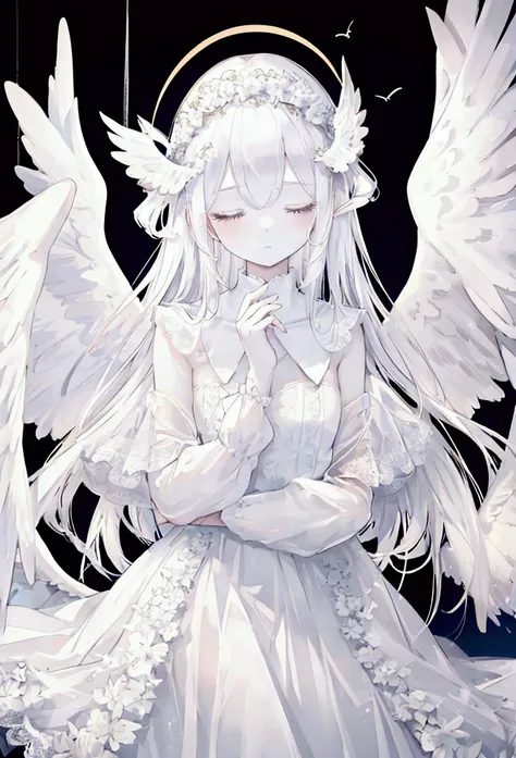 1 angel girl, white long lace dress, wings covering eyes, wings on the eyes, wings on the head, wings on the back, seraphim, hal...