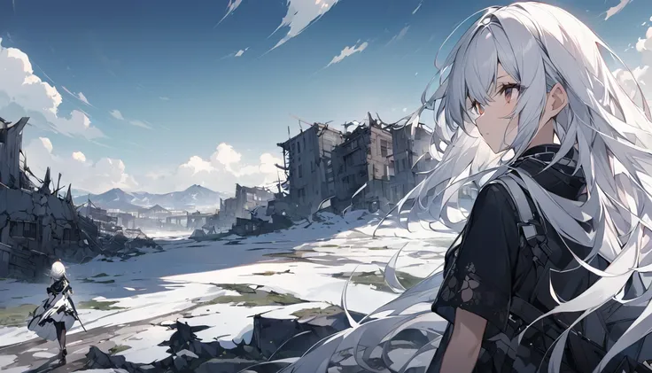 mysterious。White Hair Girl。Detailed Background。荒野で独り立ち向かうWhite Hair Girl。Behind her you can see the desolate landscape and ruined buildings.。