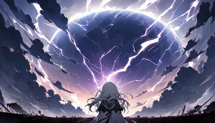 mysterious。White Hair Girl。Detailed Background。雷の力を操るWhite Hair Girlが、A scene where lightning is shot from the hands。A thunderous, stormy sky is in the background.。