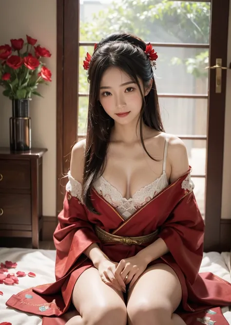 Diffuse lighting、 Highest quality, High resolution, unity 8k wallpaper、Supersaturation, Colorful, 8k resolution, 1 female、Japanese、23 years old、Close-up portrait、Red silk underwear，Red underwear、smile、Mature、Adult women、Upper Body、Open your mouth、Watery ey...