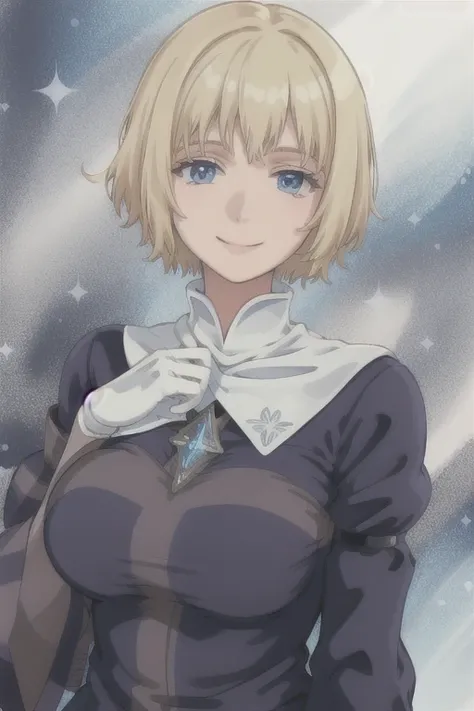 Orsola, short blonde hair, solo, smiling,blue habit ,white gloves, long sleeves, nun, long skirt, (insanely detailed, beautiful detailed face,beautiful detailed eyes, masterpiece, best quality) 