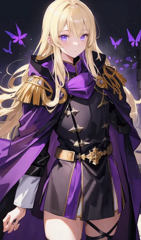 Light blonde、Black medieval military uniform、male、Bright Face、Purple themed cape