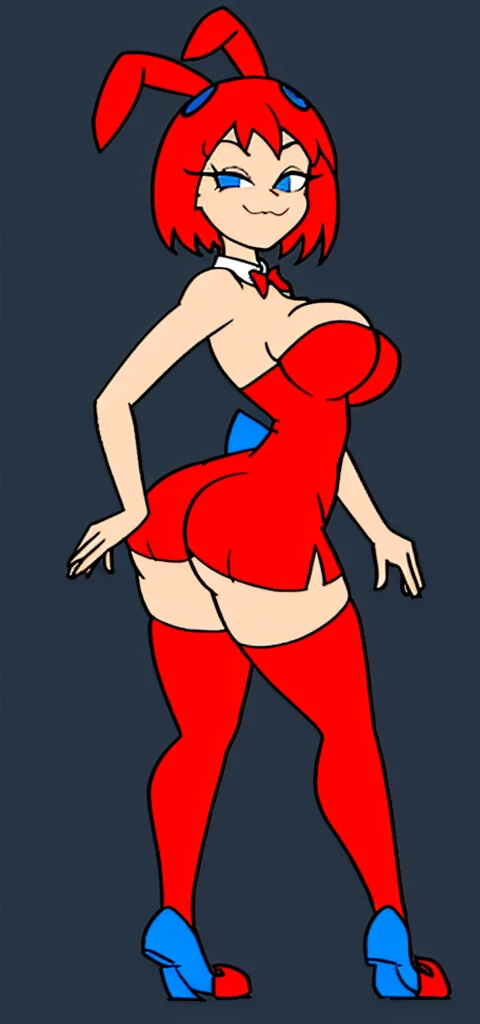 [less8 Pacman ghost], ((masterpiece)), ((High Definition)), ((high quality)), ((detailed shading)), ((beautiful rendering art)), ((solo portrait)), ((Whole body)), ((Front view)), ((intricate details)),  playboy bunny, Red suit ,black stockings, foot stock...