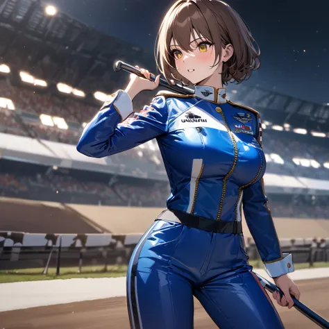 A woman wearing a blue race queen outfit, big breasts, blue leather boots, holding an iron bar with a racing flag, blue race car next to her, on a race track, brown hair, short hair, yellow eyes, posture standing, night place, background bleachers.(solo wo...