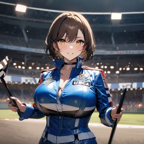 A woman wearing a blue race queen outfit, big breasts, blue leather boots, holding an iron bar with a racing flag, blue race car next to her, on a race track, brown hair, short hair, yellow eyes, posture standing, night place, background bleachers.(solo wo...