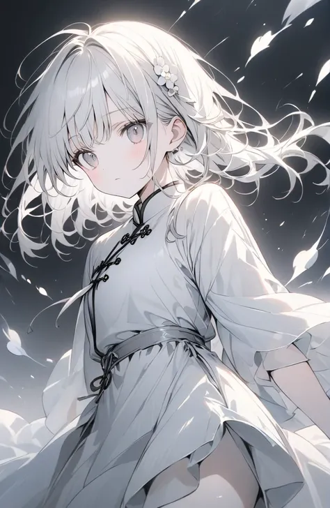 (masterpiece:1.2),(anime),、girl、cute，Silver Hair，Pink sparkling eyes，sweets dream, A colorful world, cute, like, Highest quality, masterpiece，【Highest quality, Tabletop】 (Gray white background:1.7), Han Fei，Grey Hair，White flower hair ornament，White ribbon...