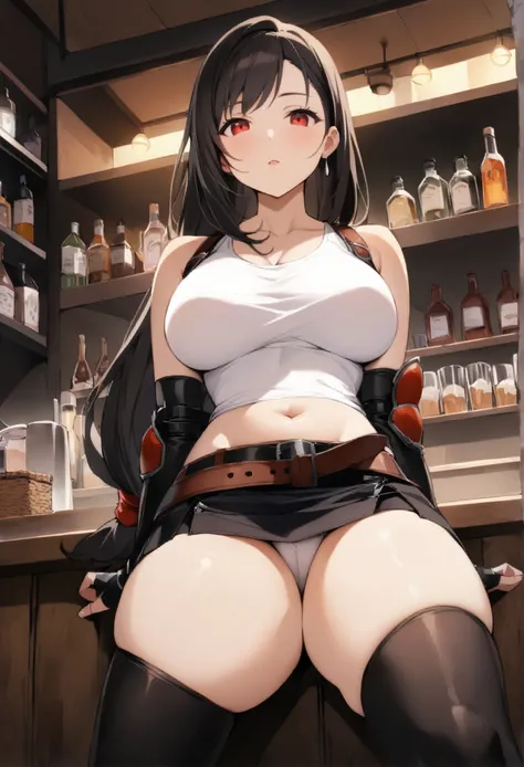 (score_9, score_8_up, score_7_up),  (best quality, masterpiece),perfect anatomy,(aesthetic,very aesthetic),official style, (ultra-high resolution), 1girl, tifa lockhart, final fantasy,(beautiful woman).tareme, black hair, low-tied long hair, red eyes, bang...