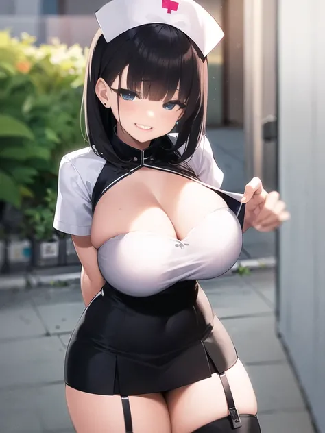 ultra detailed hands、ultra detailed eyes、black thigh boots、garter strap、huge breasts、visible chest、thick thight、A sexy、grinning evily、Black sailor suit、spread legs、underwear、 skirt、short black hair、solo、nurse、street