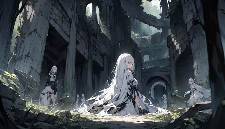 mysterious。White Hair Girl。Detailed Background。闇の力を操るWhite Hair Girlが、A scene surrounded by a dark aura。In the background is a dark forest and ancient ruins.。