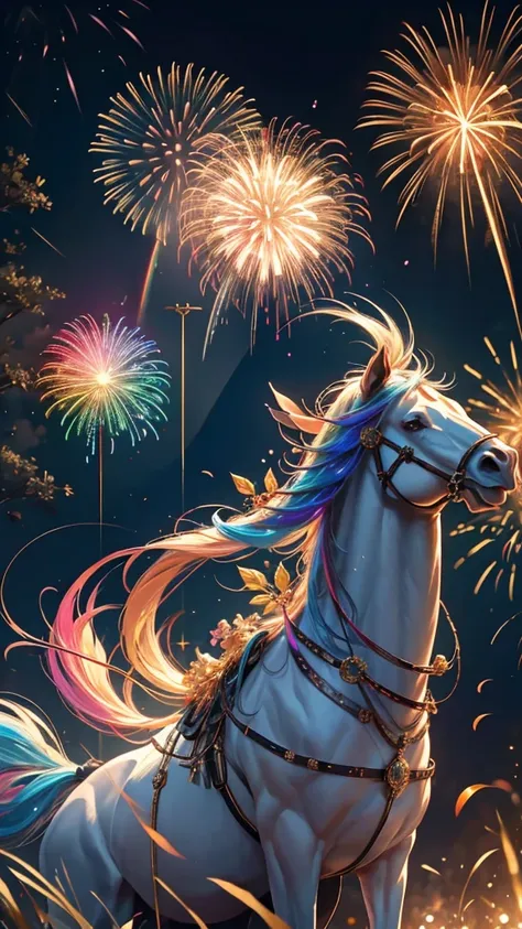 horse、white、白horse、horseたちに囲まれて、mysterious landscape、firework、firework大会、rainbow colorsのfireworkが打ちあがっている瞬間、夜nullとともに、草原な景色で壮大なf...