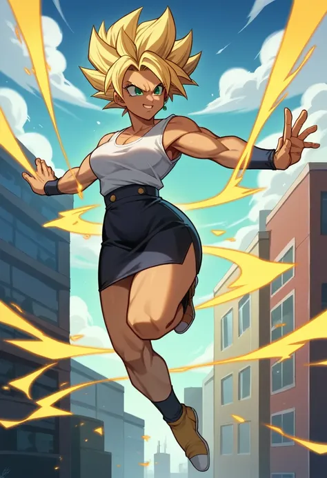 1 girl ,Saiyan, strong blonde hair spiked up, green eyes,slim, thin waist, wide hips, brown skin color, medium breasts, white top, short black skirt, the character is flying, standing, the location is a city, raising your ki, fists closed, aura around, cha...