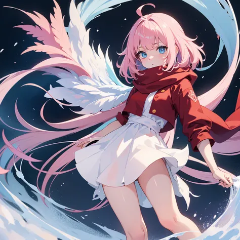 Naked Anime girl in full body, White background. young girl, With a cute face, large bright blue eyes and light smooth skin. She has pink hair, collected in a neat hairstyle, with small stray strands. The girl is dressed in a blue winter coat and a red sca...