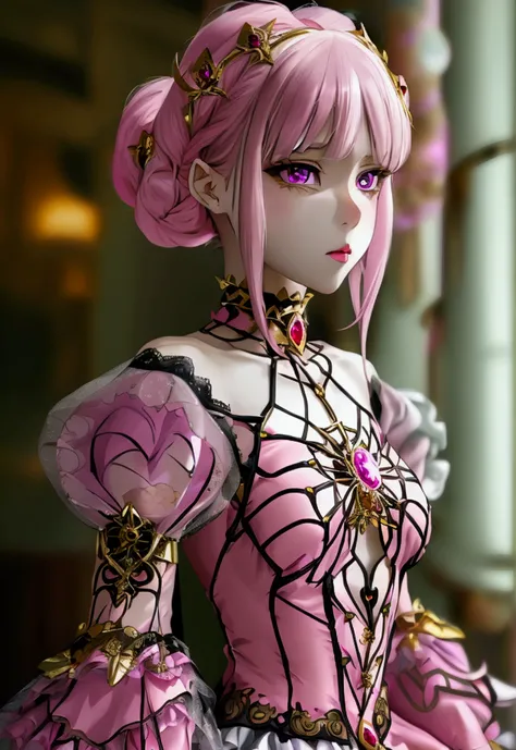 Create an anime-style girl with (((deep magenta eyes and long, wavy pink hair))) ((styled in an elegant frenchbraid)). (((She is slender, and  with small breasts))). ((Ensure a full-body shot of her)) wearing a (((magical girl-themed outfit.))) ((The outfi...