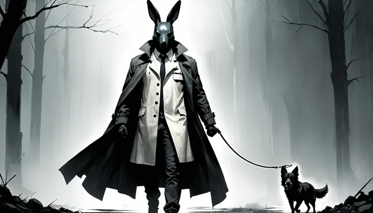 painting of a man with a rabbit head in a trench coat with a dog on a leash, russ mills, by Ben Templesmith, inspired by Santiago Caruso, inspired by ashley wood, ashley wood illustration, from the sandman netflix show, stern looking fox in a lab coat, ins...