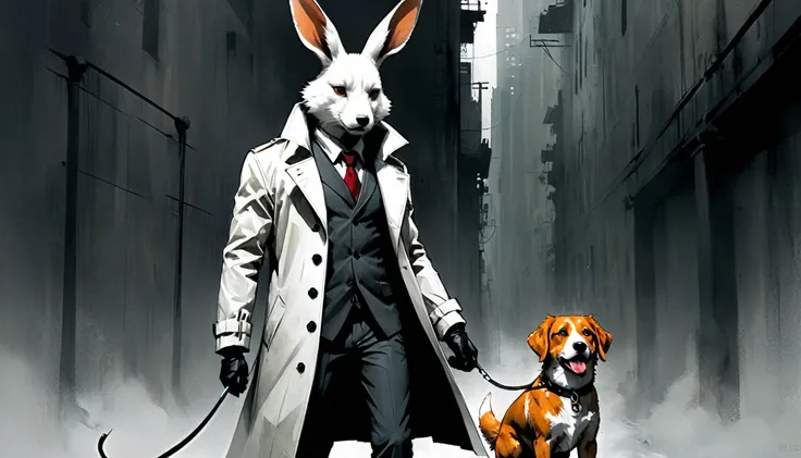 painting of a man with a rabbit head in a trench coat with a dog on a leash, russ mills, by Ben Templesmith, inspired by Santiago Caruso, inspired by ashley wood, ashley wood illustration, from the sandman netflix show, stern looking fox in a lab coat, ins...