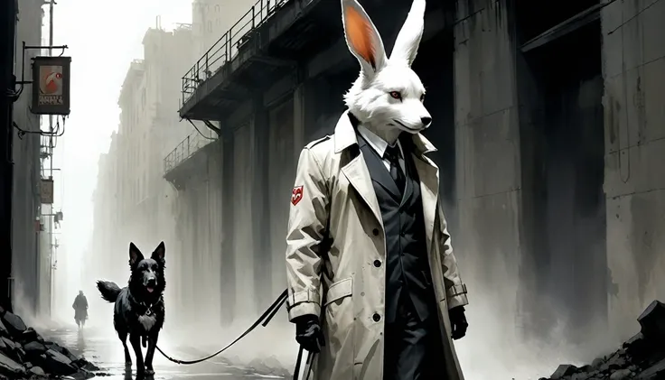 painting of a man with a rabbit head in a trench coat with a dog on a leash, russ mills, by Ben Templesmith, inspired by Santiago Caruso, inspired by ashley wood, ashley wood illustration, from the sandman netflix show, stern looking fox in a lab coat, ins...