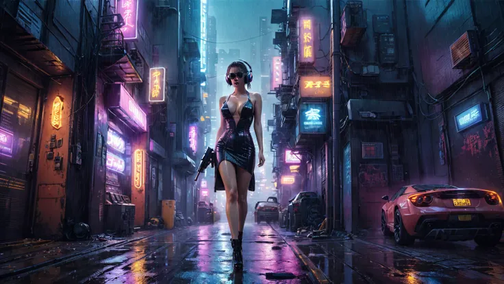 (((aerial view))), (flying cars docking platform), Blade Runner style futuristic city alley, neon lights, rainy night. (1girl, solo, alone), large-breast:1.2 slim body, cleavage:1.1, sexy wind blowing wet dress:1.4, headphone, (black sunglasses), (((she ra...