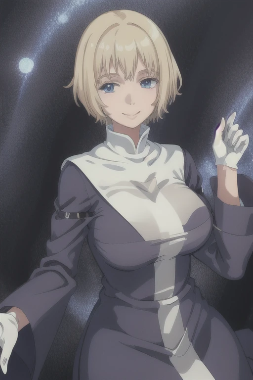 Orsola, short blonde hair, solo, smiling,blue habit ,white gloves, long sleeves, nun, long skirt, (insanely detailed, beautiful detailed face,beautiful detailed eyes, masterpiece, best quality) sexy pose