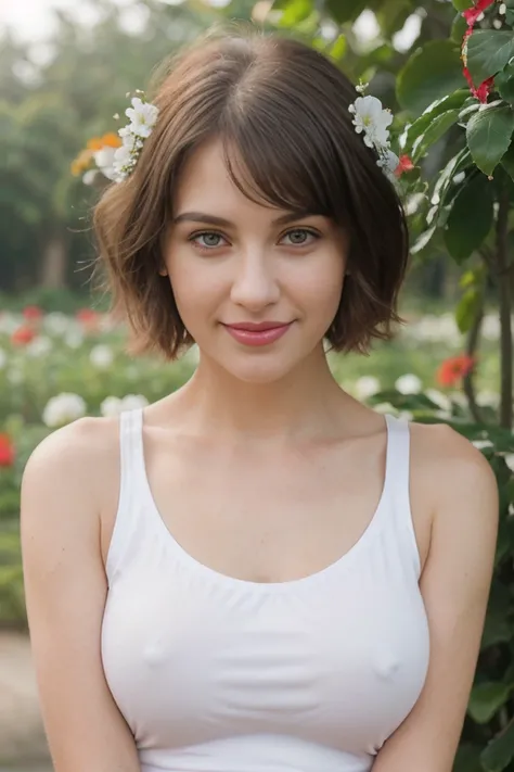 ((Closeup of sexy muse girl in front of Guangdong flower garden, wear new white womens sleeveless t-shirt)),details of her face and skin, sharp focus on her face, perfect lighting on her face, short hair, bangs, (High nose)), (red lips, white teeth), ((sma...