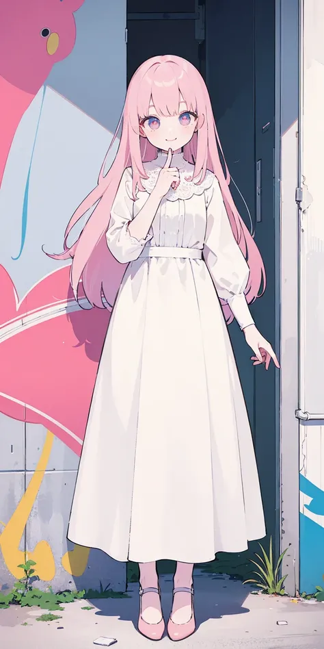 (Masterpiece:1.5),(Best Quality:1.5),High Resolution,Highly Detailed,3DMM,Perfect Face,Perfect Eyes,(Low Contrast:1.1),Full body photo,Graffiti,Smile,White Long Dress Evening Dress,Light pink hair,Pink Pumps