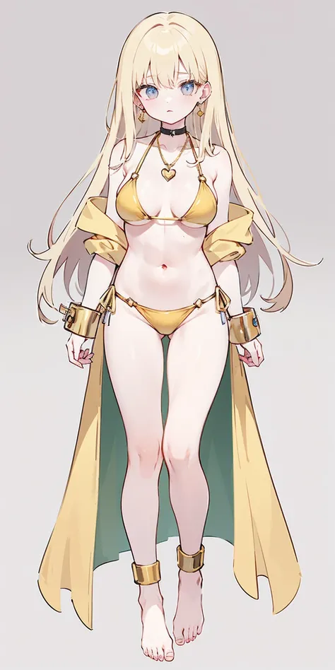 Background: Plain Grey Background Body: Full body toe to head revealing abdominal muscles Attire: Golden bikini, Golden handcuffs on wrists, Black leather choker with a golden heart pendant Accessories: Golden large earrings, golden chain necklace