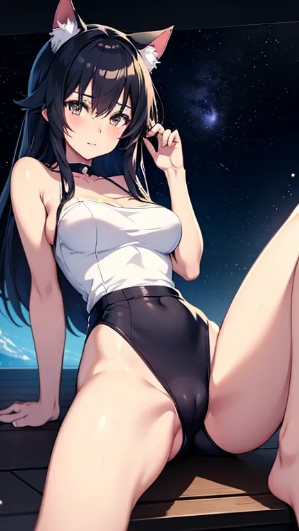 Anime girl with cat ears sitting on a shelf looking at the sky, anime drawings inspired by Makoto Shinkai, trend on pixiv, space art, Makoto Shinkai Cyril Roland, 4k animated wallpapers, anime art wallpaper 8k, anime art wallpaper 4k, 4k anime wallpaper, 4...