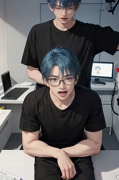 1 boy, age 5-6 years ,Solo, sitting (Looking at the audience), (black shirt:1.5) ,Stylish clothes Childish man wearing glasses /(blue hair/) Worried face, open mouth (The best quality masterpiece:1.2) , Delicate illustrations, Special details, (hospital ex...