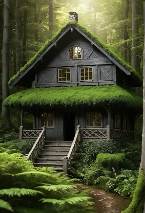 beautiful forest, alone , cottage in the forest fantasy