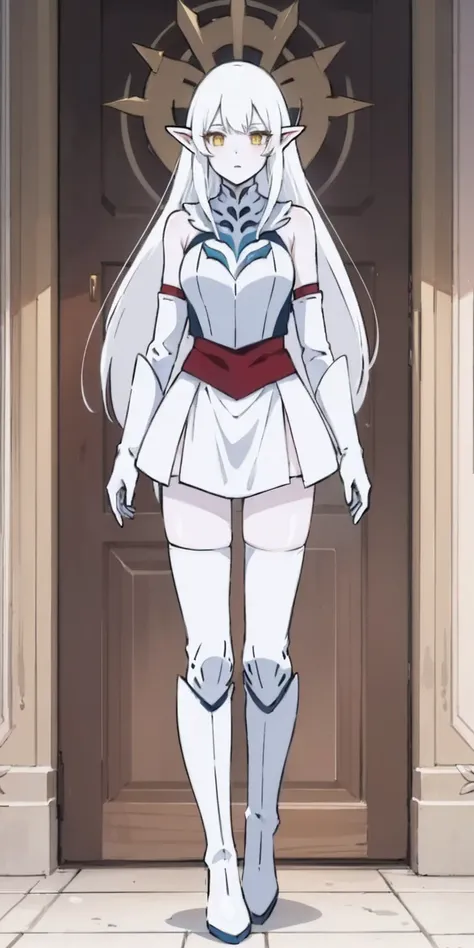 masterpiece, best quality, high quality, white SKIN elf, long hair, white hair, yellow eyes, full body, def_effie, blue breastplate, white skin, looking at viewer, shiny, armor, thigh highs, high boots, shoulder armor, faulds, poleyn, gloves, gauntlets