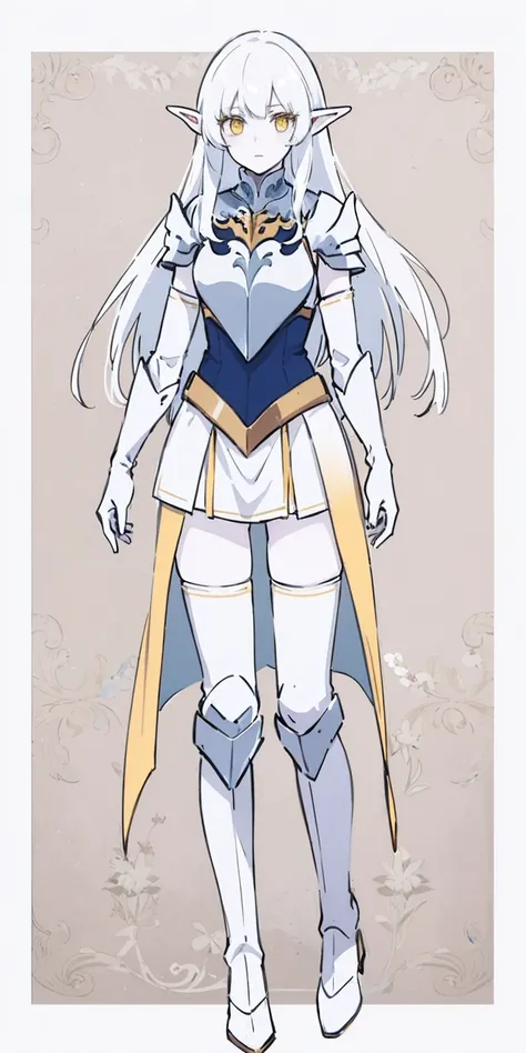 masterpiece, best quality, high quality, white SKIN elf, long hair, white hair, yellow eyes, full body, def_effie, blue breastplate, white skin, looking at viewer, shiny, armor, thigh highs, high boots, shoulder armor, faulds, poleyn, gloves, gauntlets