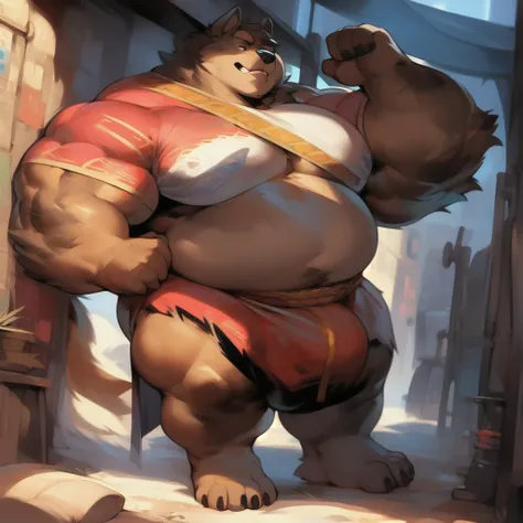 Epic Citizen Zootopia manga style, My hero zootopia Character, Dungeons and Dragons Legendary quest style, A poor villager wearing a loincloth, Real life, Anime serie, Anime character, Obese muscle Obese Sumo wrestler Werebeast Kid, full body pic (obese, s...