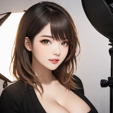 Beautiful female K-POP idols, Huge breasts, Big cleavage, I see her face, Close-up portrait, Shot with Sony A1, 85mm F/1. 4 ISO100, Medium format, 45 megapixels, Studio Lighting, Softbox, High shutter speed flash photography, Award-winning photo with golde...