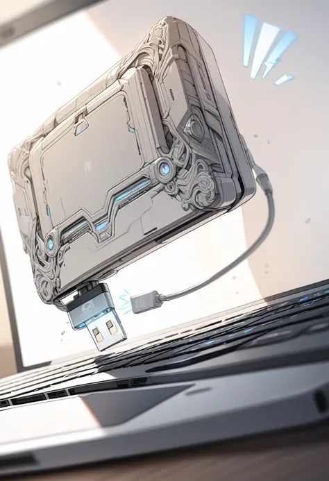 ((background only)),masterpiece, best quality, extremely detailed, ultra detailed, flat anime, 2D,Plug the USB flash drive into the side of the laptop computer