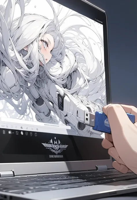 ((background only)),masterpiece, best quality, extremely detailed, ultra detailed, flat anime, 2D,Plug the USB flash drive into the side of the laptop computer