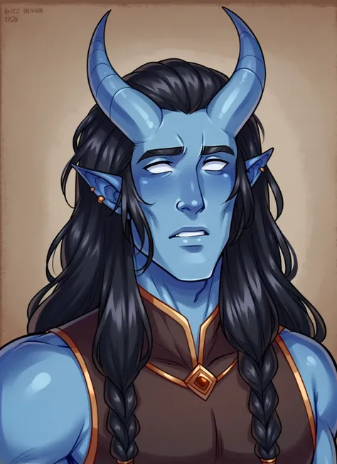 ((best quality))) (((hd))) (((8k))) (character) 20-year-old man adventurous tiefling, black hair and long hair, blue skin,