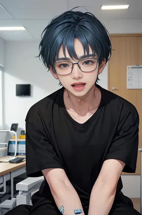 1 boy, age 5-6 years ,Solo, sitting (Looking at the audience), (black shirt:1.5) ,Stylish clothes Childish man wearing glasses /(blue hair/) Worried face, open mouth (The best quality masterpiece:1.2) , Delicate illustrations, Special details, (hospital ex...