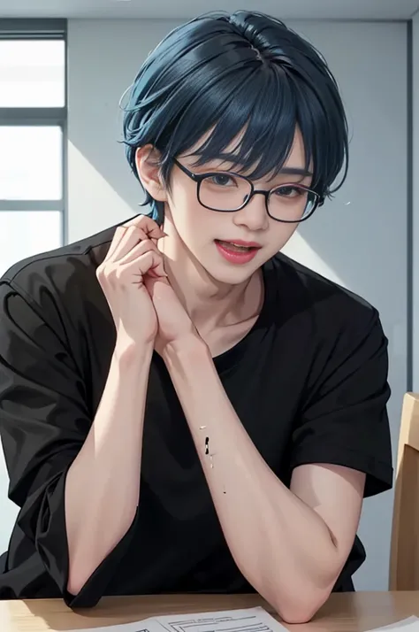 1 boy, age 5-6 years ,Solo, sitting (Looking at the audience), (black shirt:1.5) ,Stylish clothes Childish man wearing glasses /(blue hair/) Worried face, open mouth (The best quality masterpiece:1.2) , Delicate illustrations, Special details, (hospital ex...