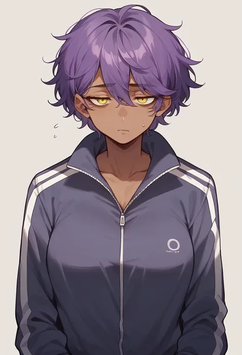 Dark-skinned milf, long purple hair,yellow eyes full of dark circles,tired,wearing a tracksuit