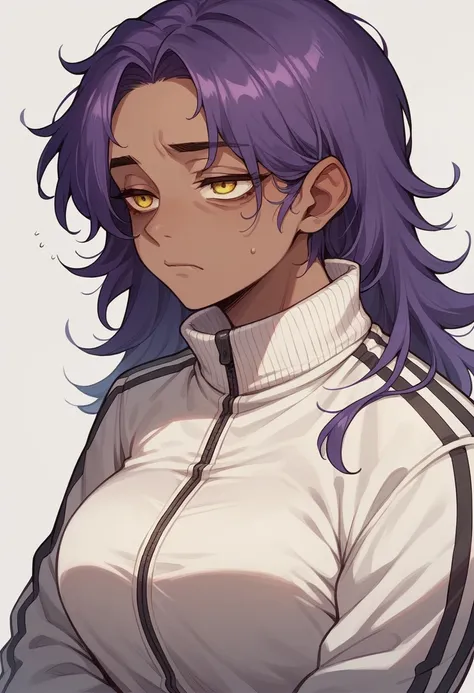 Dark-skinned milf, long purple hair,yellow eyes full of dark circles,tired,wearing a tracksuit