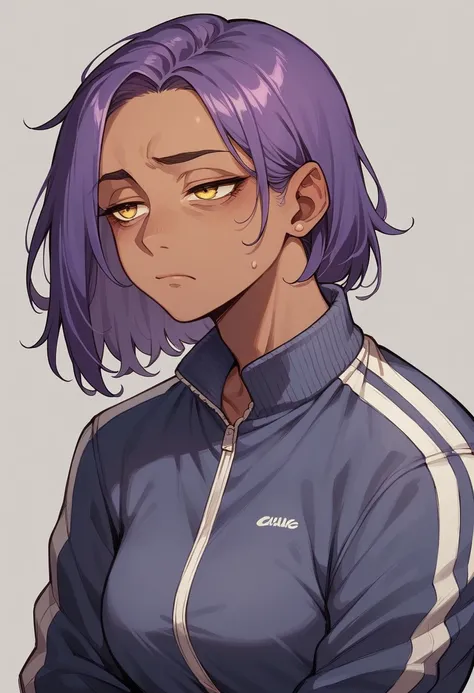 Dark-skinned milf, long purple hair,yellow eyes full of dark circles,tired,wearing a tracksuit